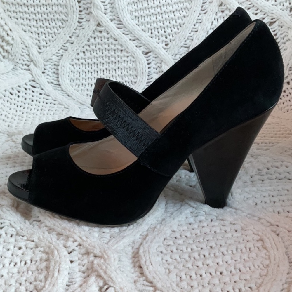 MICHAEL Michael Kors Black Suede Peep-Toe Mary Jane Heels